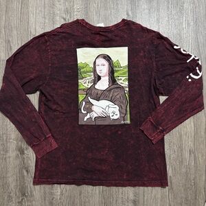 Ripndip Mona Lisa Cat Long Sleeve Shirt XL Red Acid Wash Graphic Tee